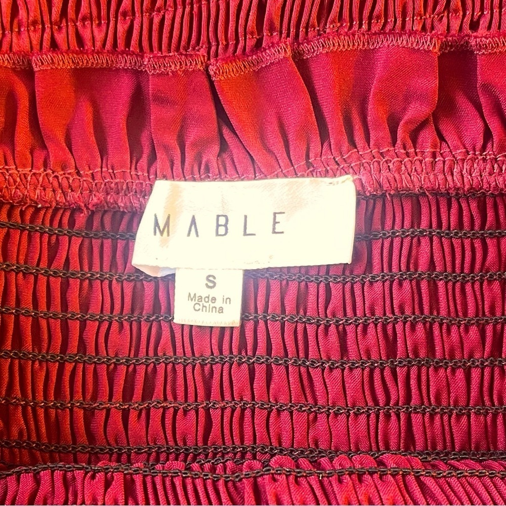 MABLE Satin Smocked Fitted Ruffled Midi Dress- Wine Color - Picture 9 of 10